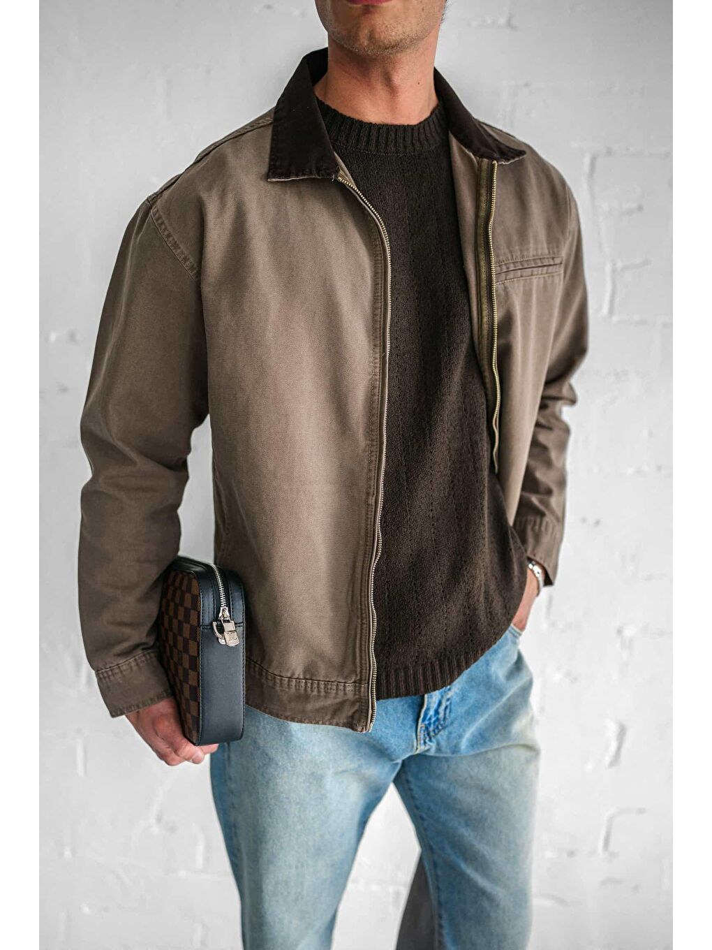Kahverengi Erkek Kontrast Yakalı Regular Fit Denim Ceket Açık Kahve-1