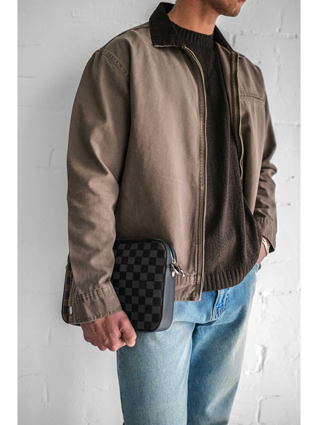 Kahverengi Erkek Kontrast Yakalı Regular Fit Denim Ceket Açık Kahve-2