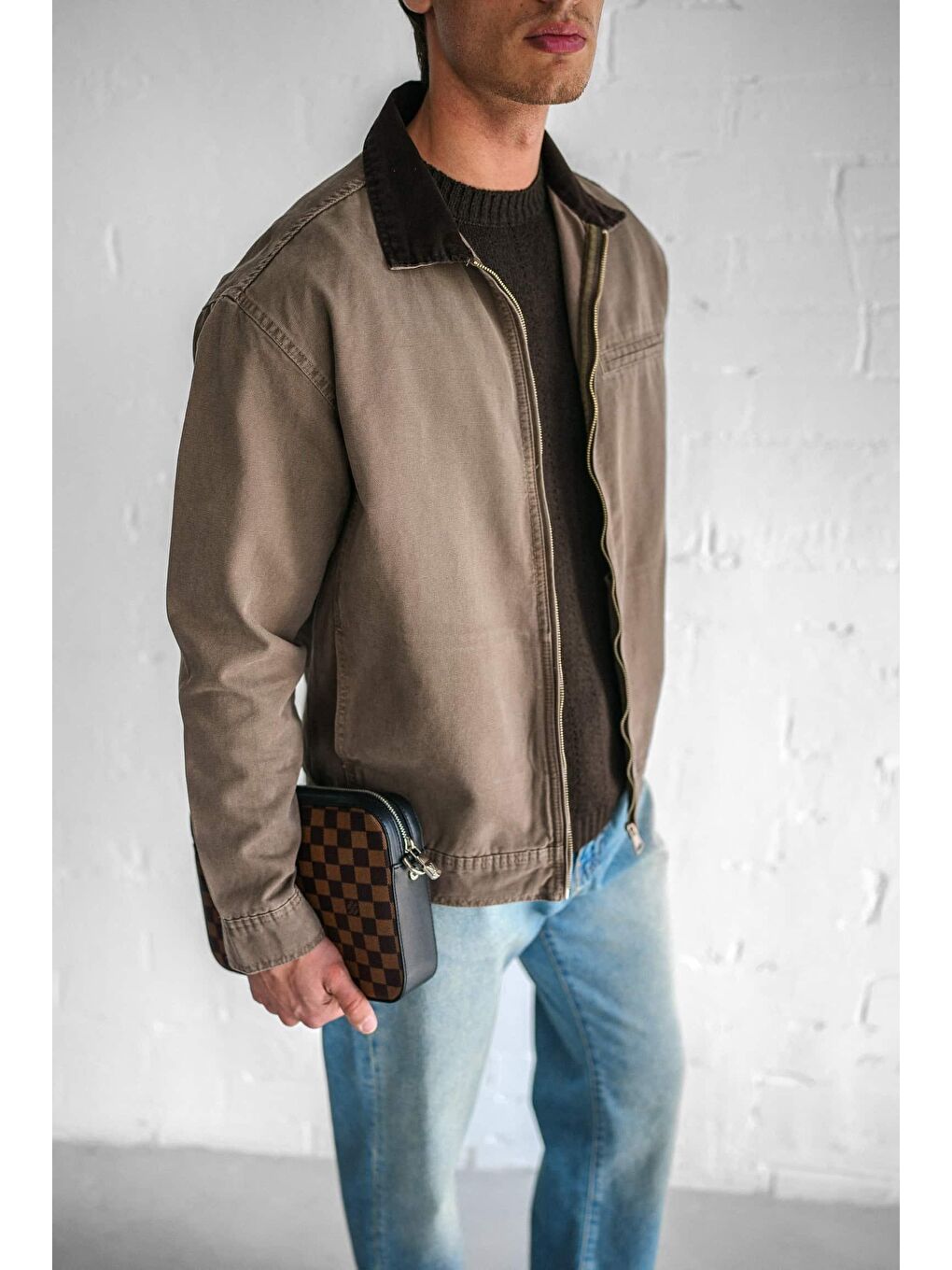 Kahverengi Erkek Kontrast Yakalı Regular Fit Denim Ceket Açık Kahve-3