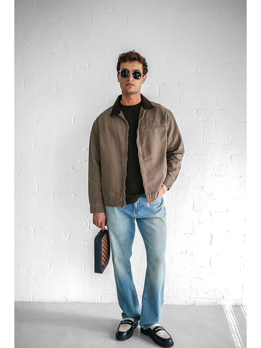 Kahverengi Erkek Kontrast Yakalı Regular Fit Denim Ceket Açık Kahve-4