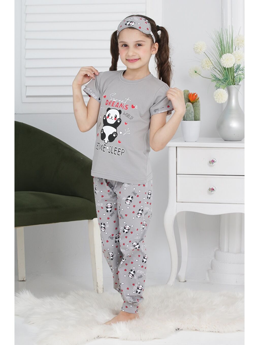 Kapi Kids Gri Kız Çocuk Uyku Bantlı-Pandalı Pijama Takımı Mnx 6063-64