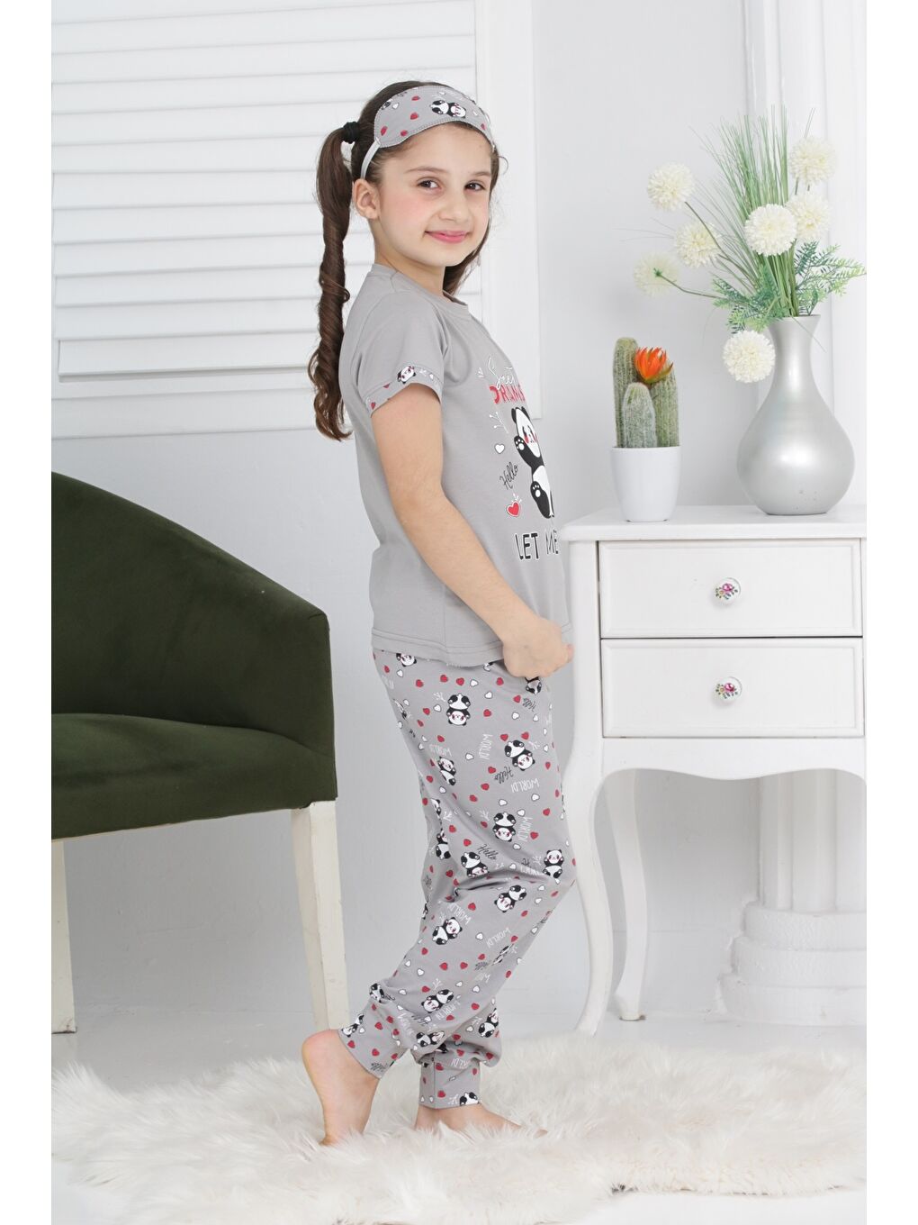 Kapi Kids Gri Kız Çocuk Uyku Bantlı-Pandalı Pijama Takımı Mnx 6063-64 - 1