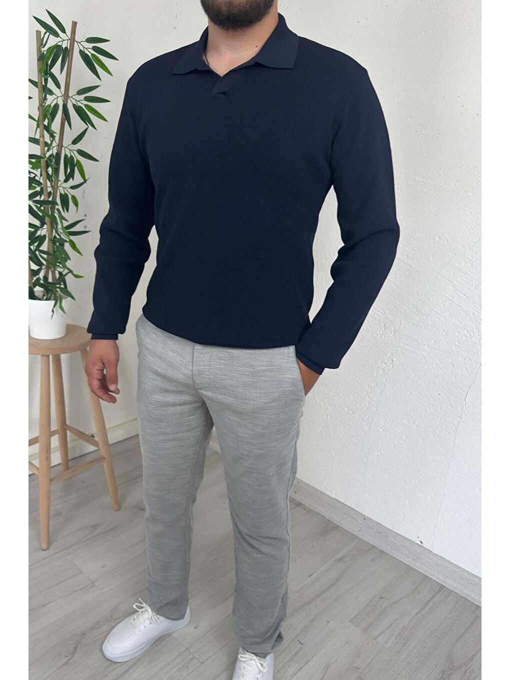 - Erkek Lacivert Polo Yaka Regular Triko Kazak