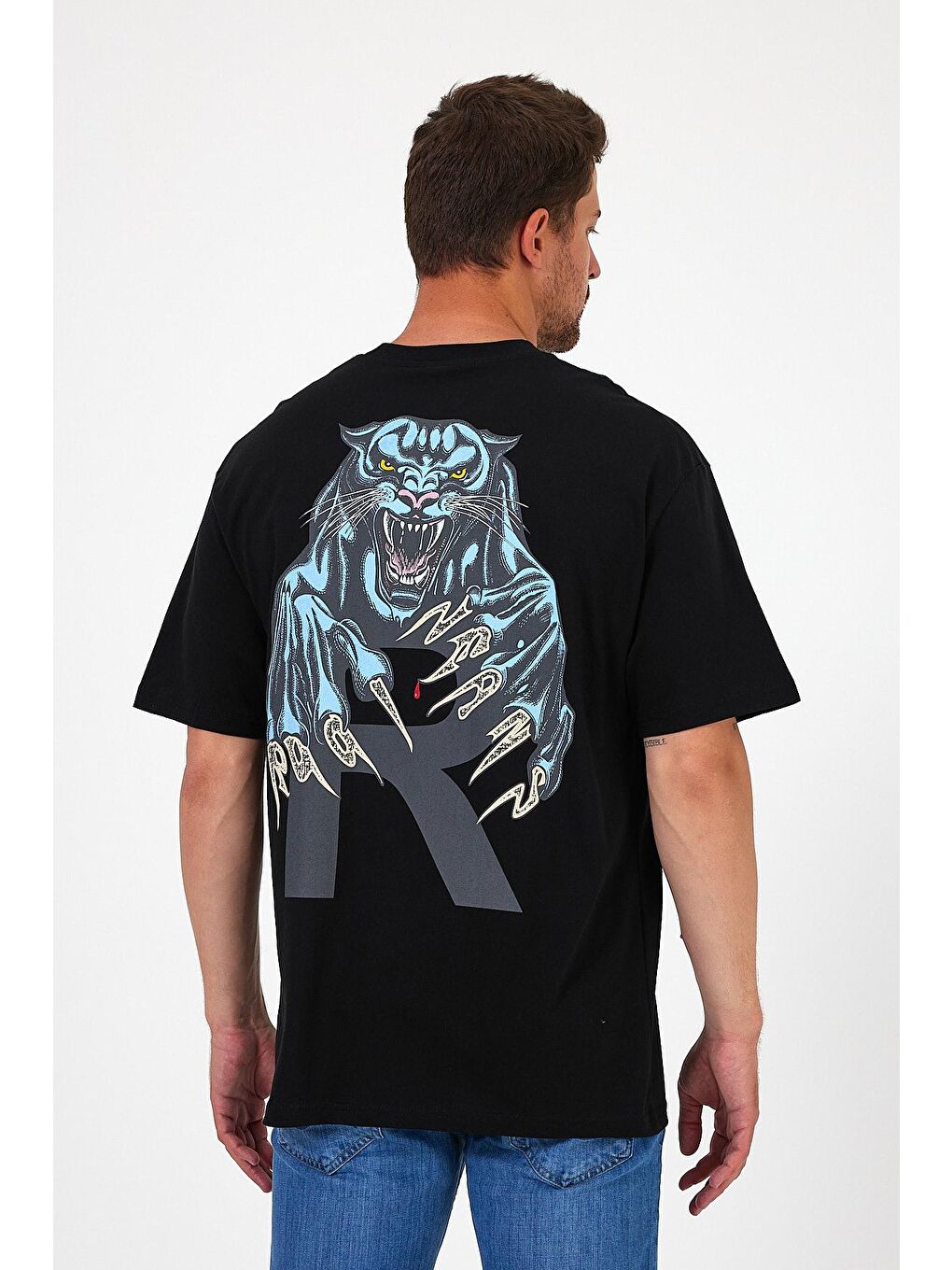 Siyah Bisiklet Yaka Aslan Baskılı Erkek Tişört 7025-3