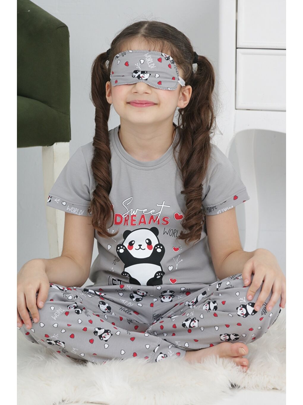 Kapi Kids Gri Kız Çocuk Uyku Bantlı-Pandalı Pijama Takımı Mnx 6063-64 - 2