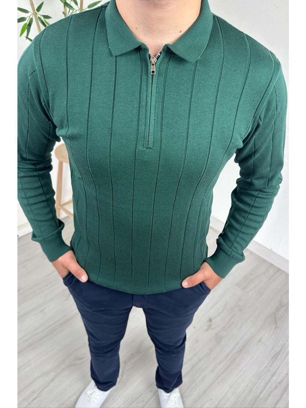 - Erkek Yeşil Çizgili Fermuarlı Polo Yaka Triko Kazak-1