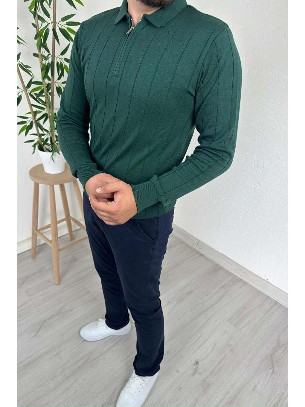- Erkek Yeşil Çizgili Fermuarlı Polo Yaka Triko Kazak-2