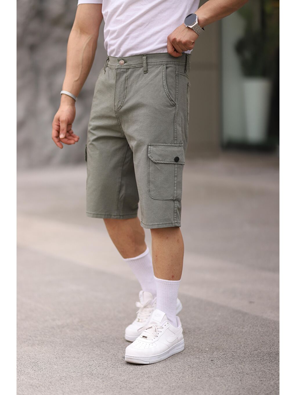 Haki Erkek Slim Fit Kargo Cepli Kapri Şort-1