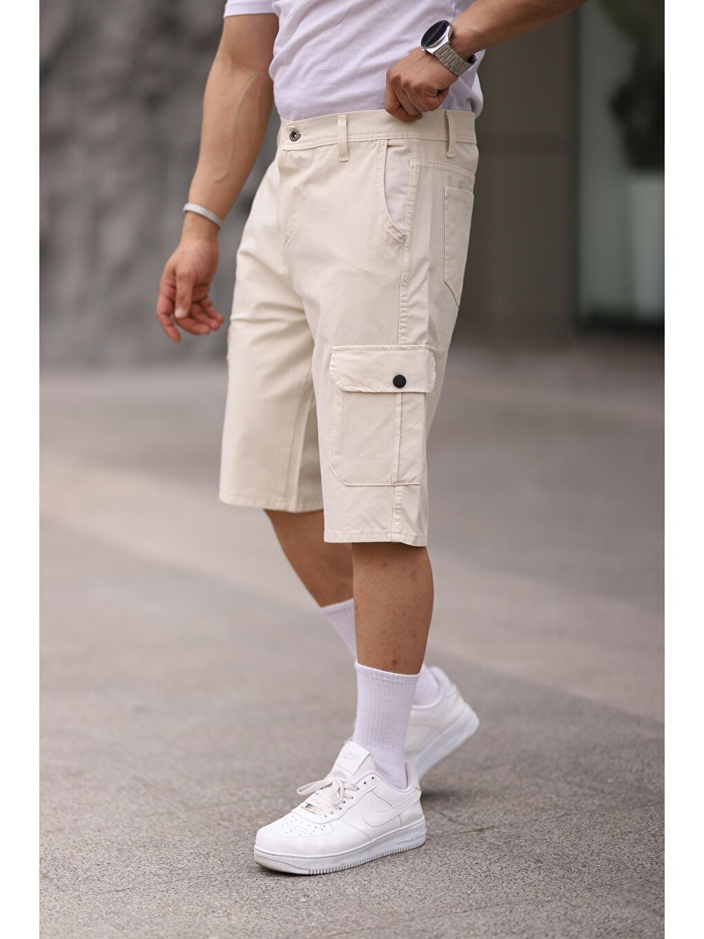 Ekru Erkek Slim Fit Kargo Cepli Kapri Şort-2