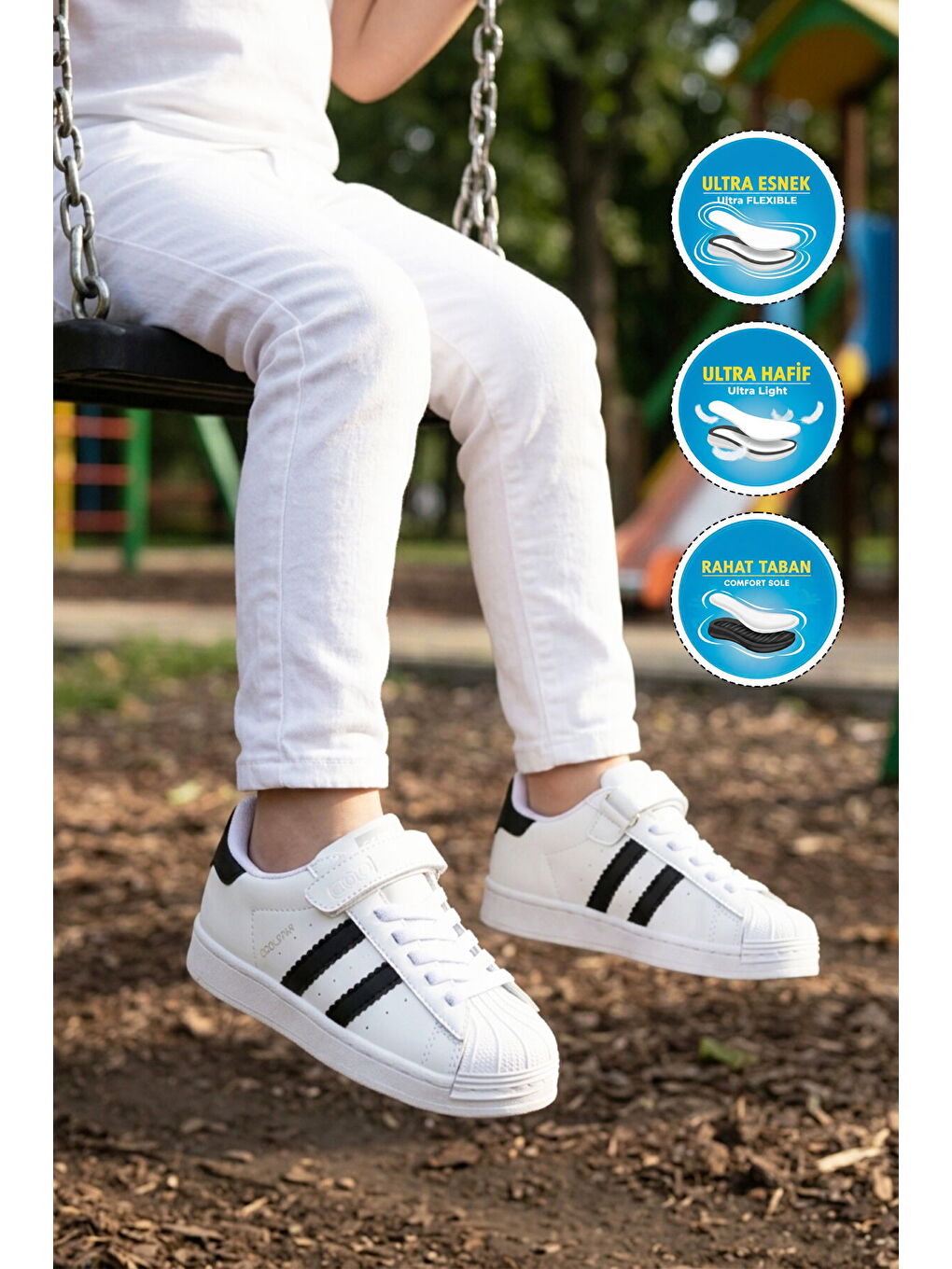 Beyaz Siyah Cırtlı Hafif Unisex Çocuk Spor Ayakkabı Star F-2