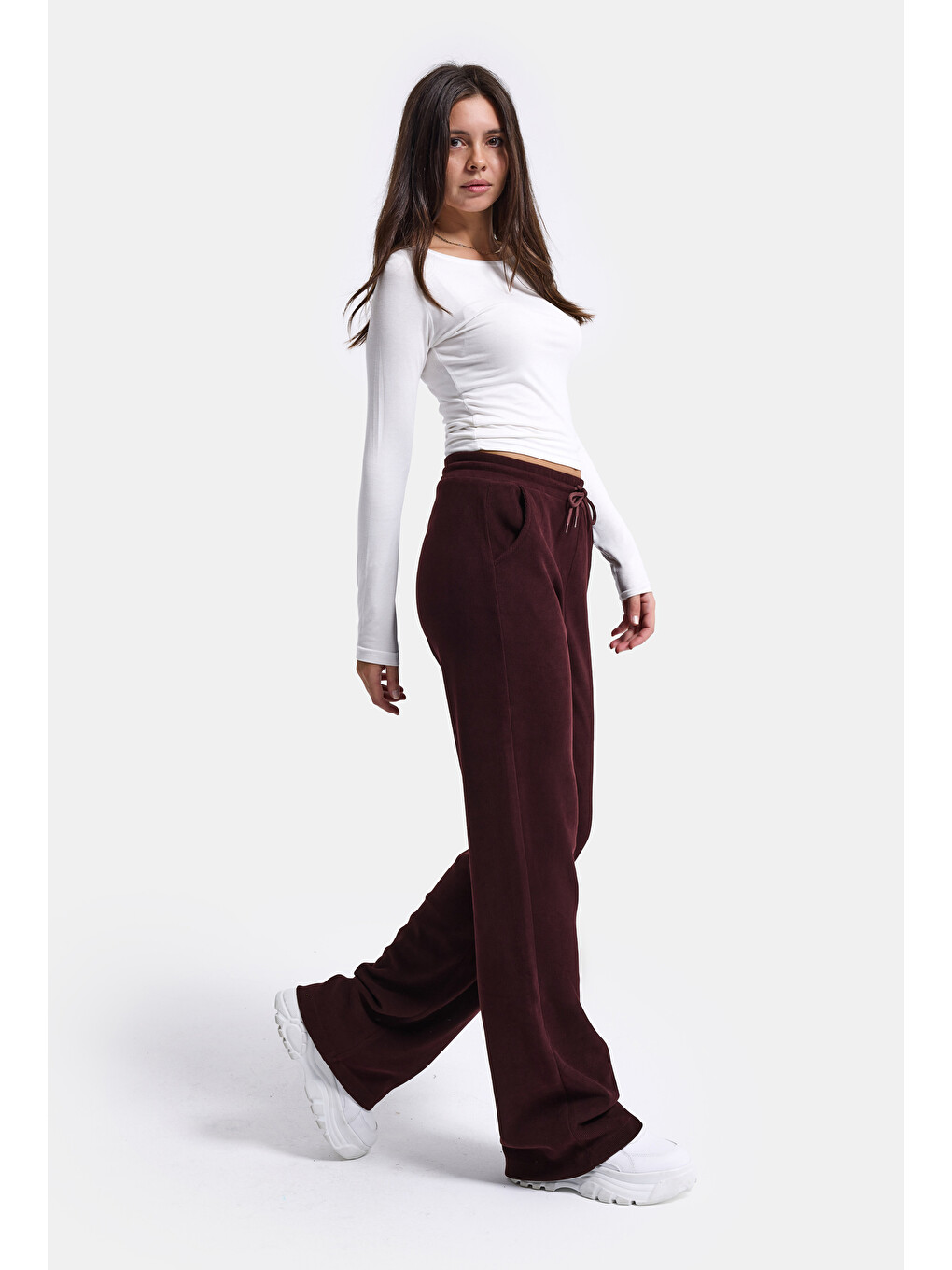 Kadın Bordo W6-35 Flare Fit İnce Fitilli Esnek Velvet Kadife Kumaş Pantolon-2