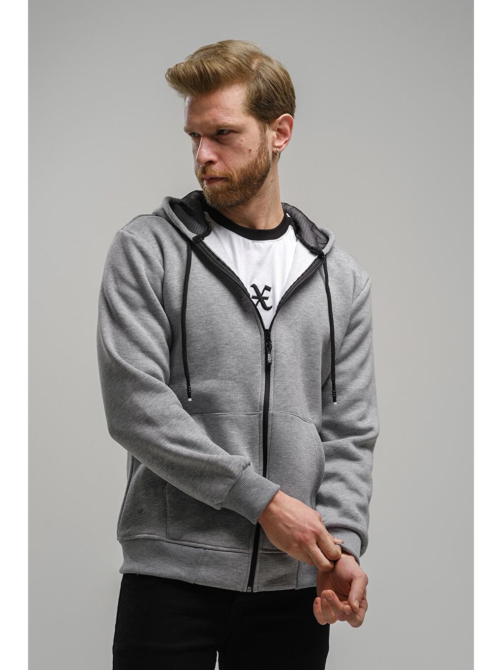 Oksit Gri Regnault Üç İplik Pamuklu Kapüşonu File Detaylı  Fermuarlı Sweatshirt
