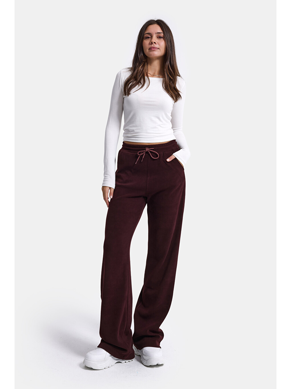 Kadın Bordo W6-35 Flare Fit İnce Fitilli Esnek Velvet Kadife Kumaş Pantolon-4