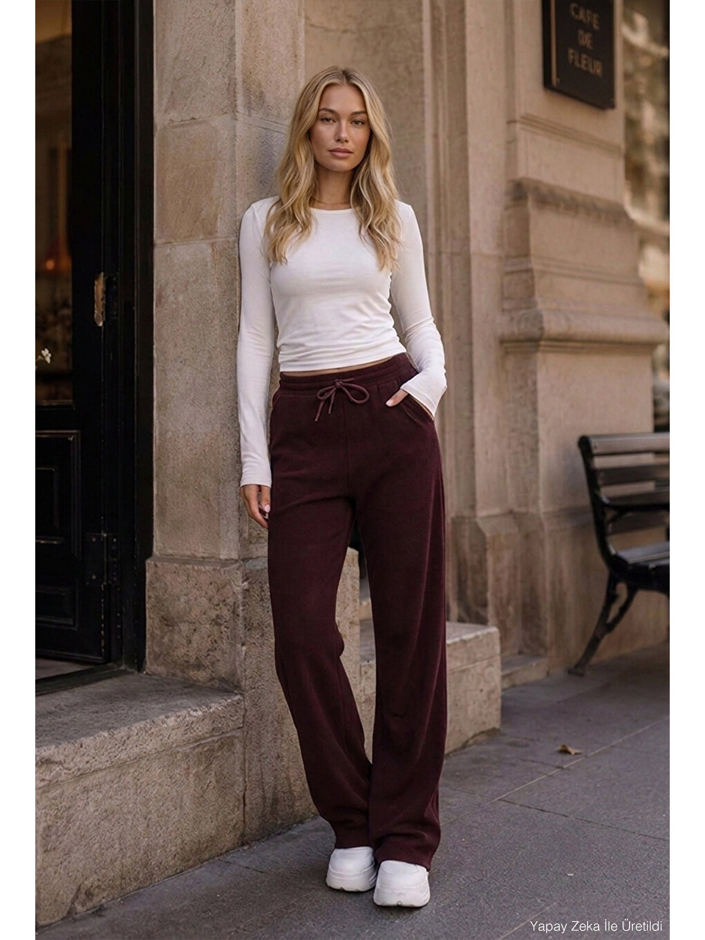 Kadın Bordo W6-35 Flare Fit İnce Fitilli Esnek Velvet Kadife Kumaş Pantolon-5