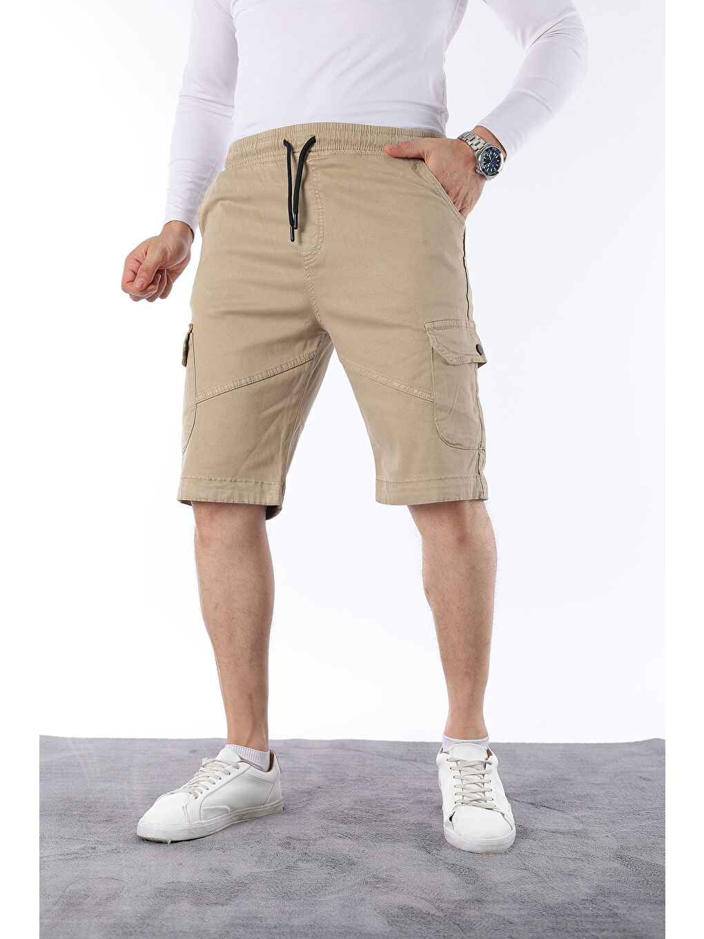Bej Erkek Beli Lastikli Dikiş Detaylı Kargo Cep Kapri Şort