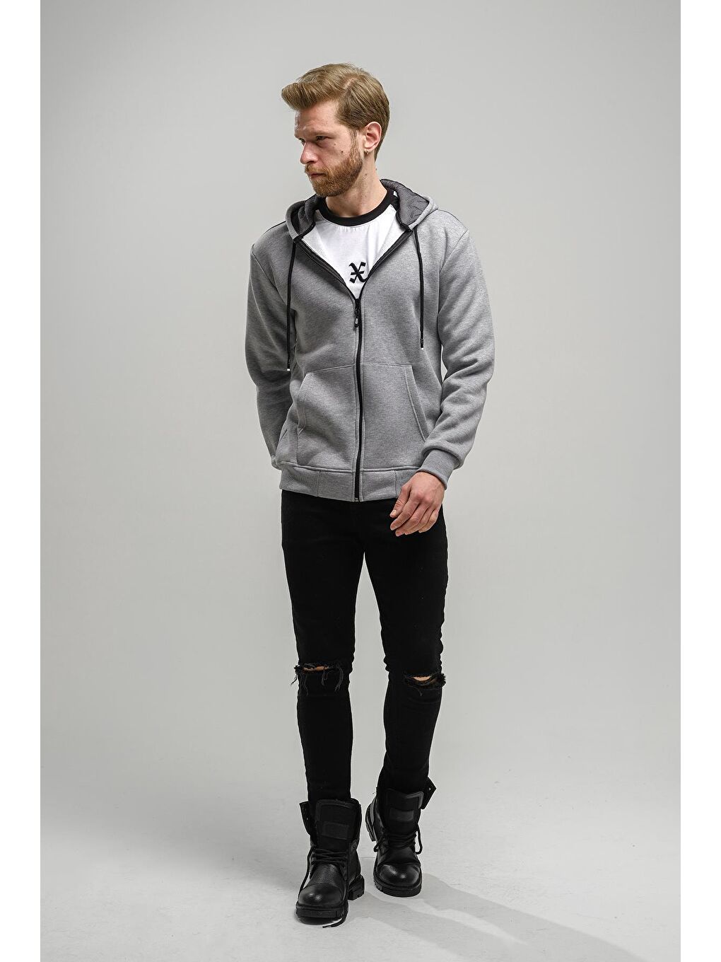Oksit Gri Regnault Üç İplik Pamuklu Kapüşonu File Detaylı  Fermuarlı Sweatshirt - 1