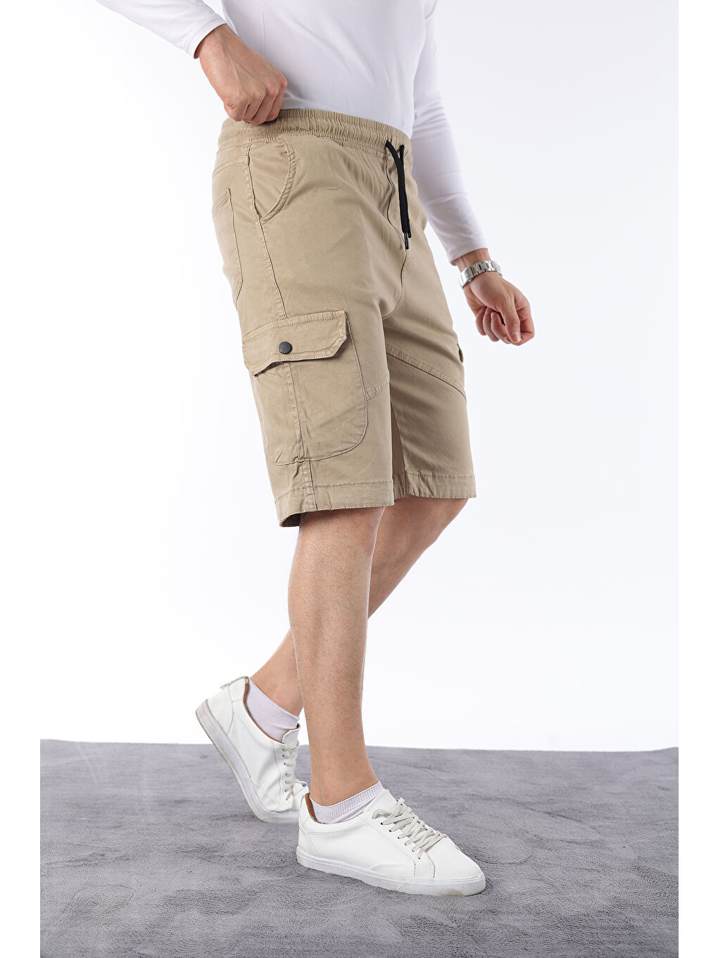 Bej Erkek Beli Lastikli Dikiş Detaylı Kargo Cep Kapri Şort-1