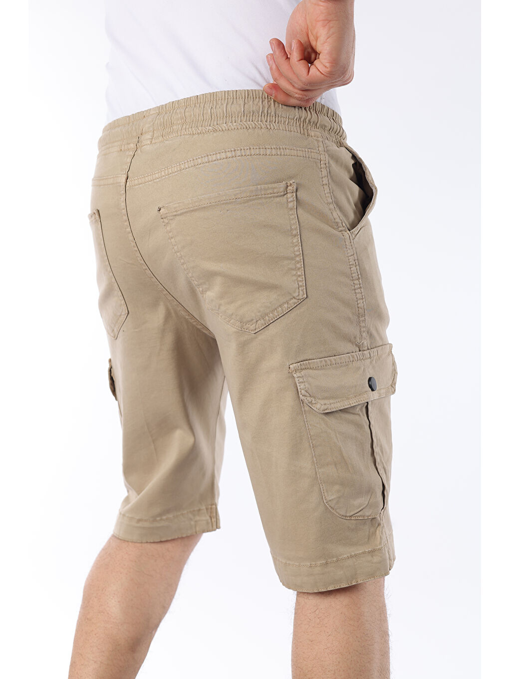 Bej Erkek Beli Lastikli Dikiş Detaylı Kargo Cep Kapri Şort-2
