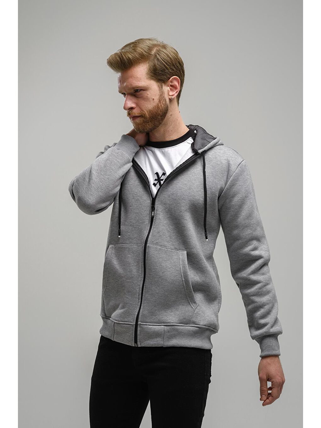 Oksit Gri Regnault Üç İplik Pamuklu Kapüşonu File Detaylı  Fermuarlı Sweatshirt - 2
