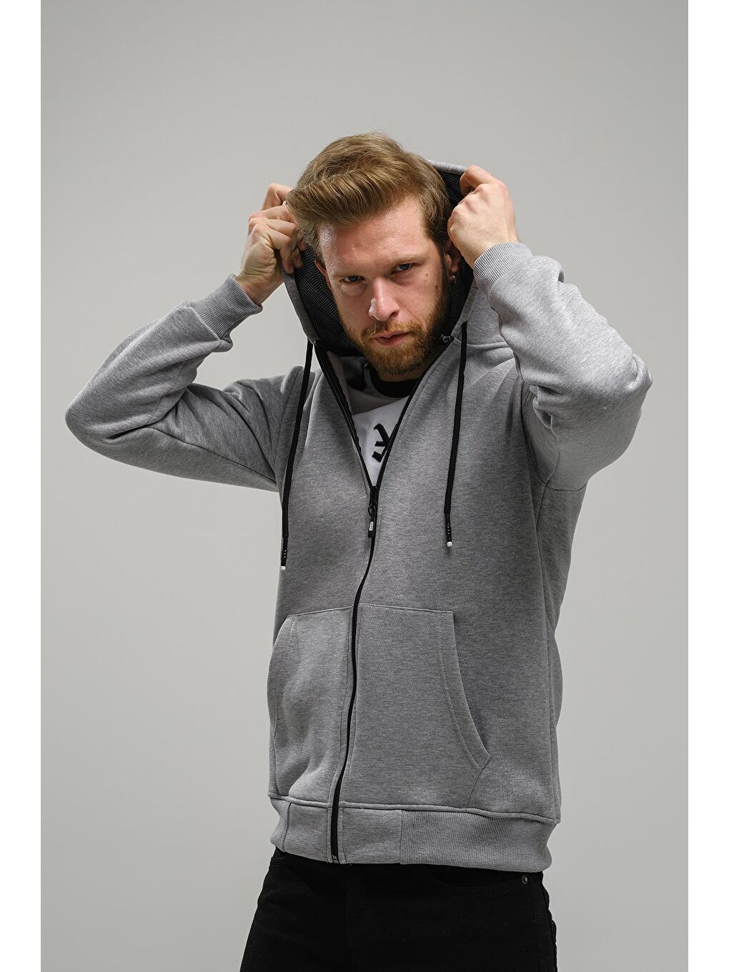 Oksit Gri Regnault Üç İplik Pamuklu Kapüşonu File Detaylı  Fermuarlı Sweatshirt - 3