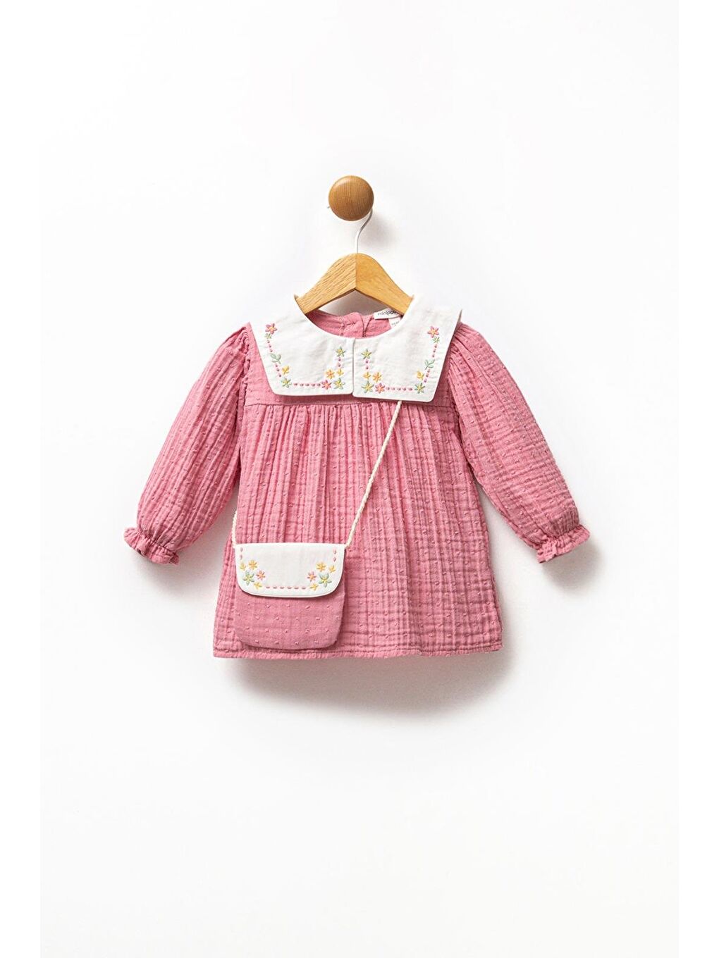 Kız Çocuk Pamuklu Müslin Pembe Nakışlı Gömlek Yaka Elbise