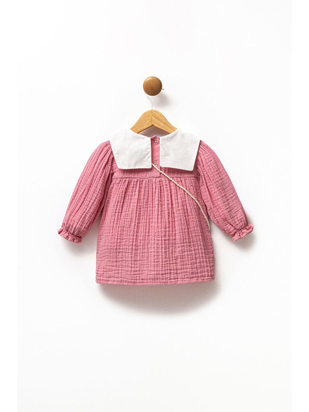 Kız Çocuk Pamuklu Müslin Pembe Nakışlı Gömlek Yaka Elbise-1