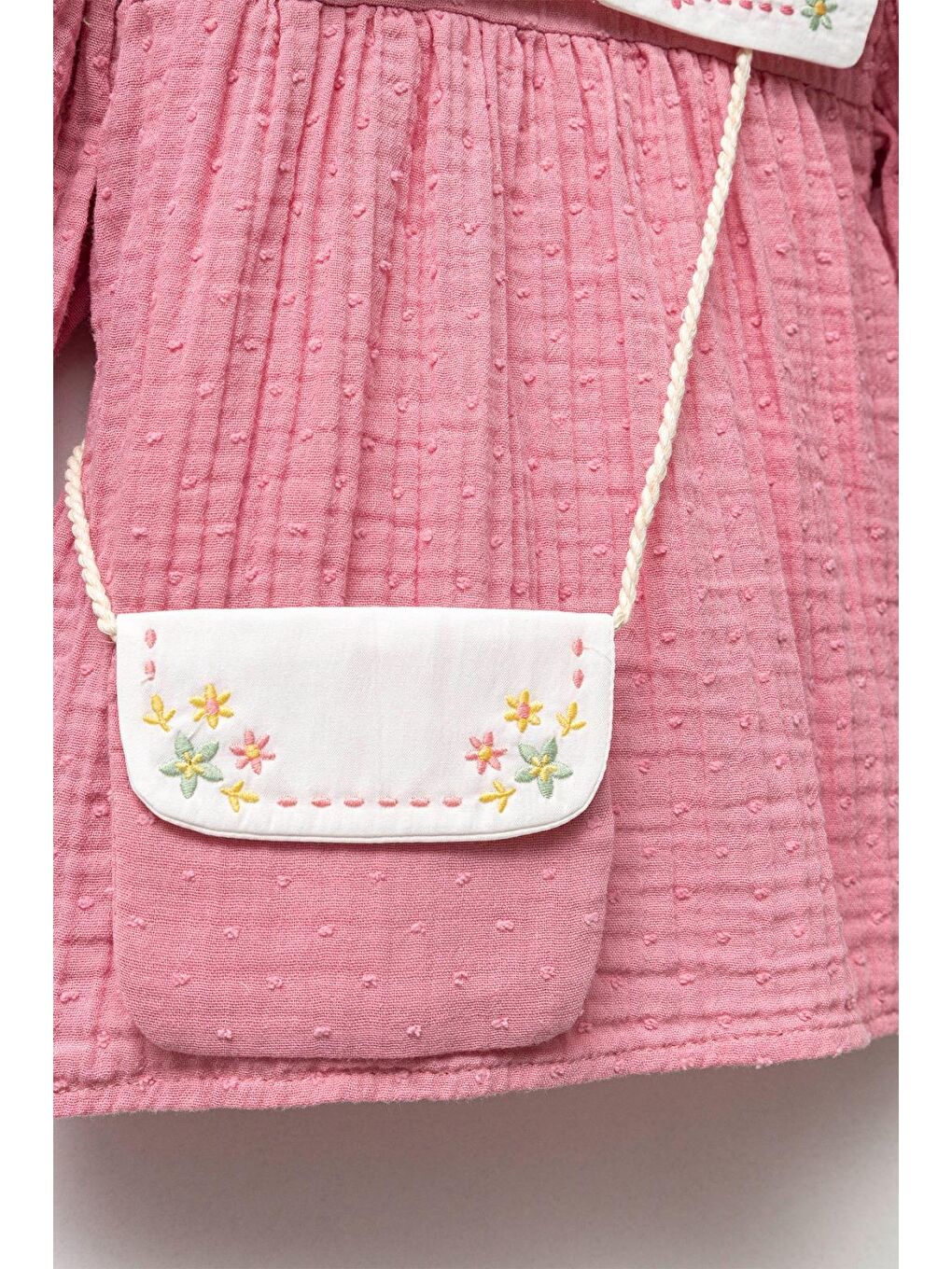 Kız Çocuk Pamuklu Müslin Pembe Nakışlı Gömlek Yaka Elbise-2