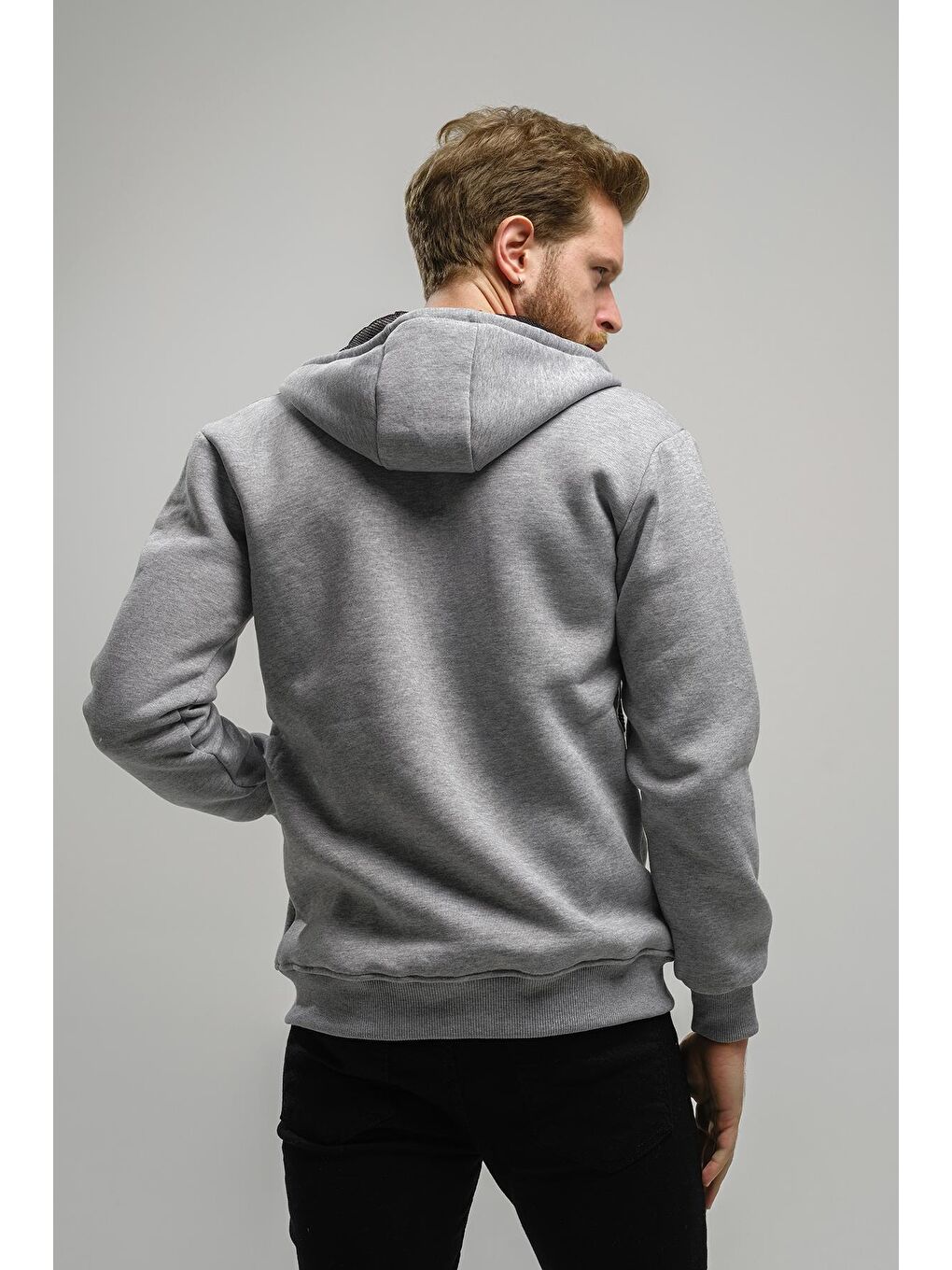 Oksit Gri Regnault Üç İplik Pamuklu Kapüşonu File Detaylı  Fermuarlı Sweatshirt - 4