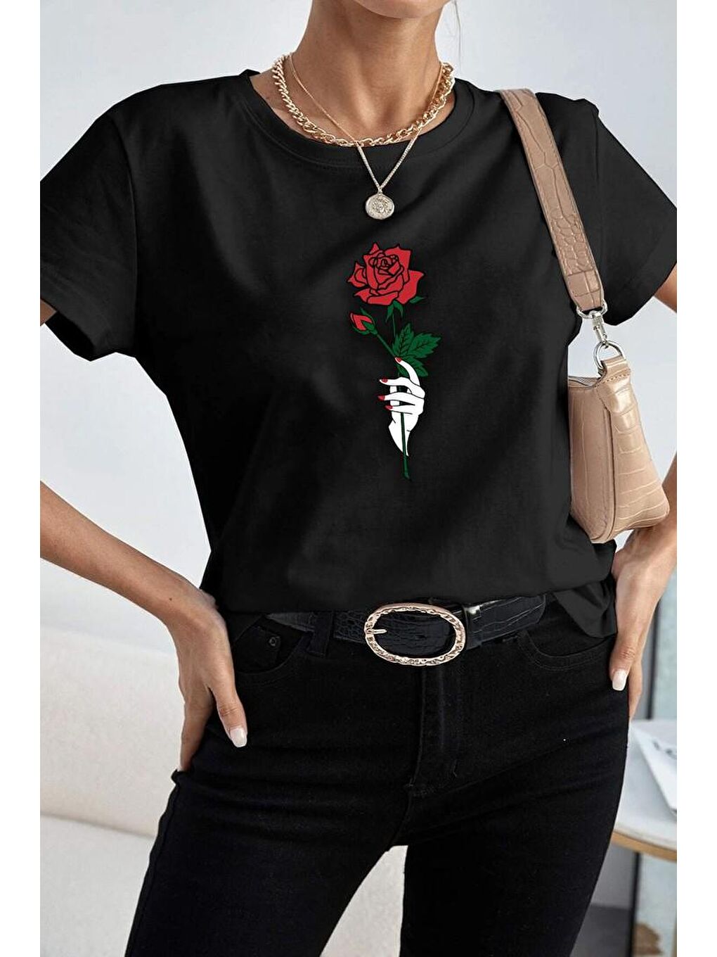 uyguntarz Siyah Unisex Rose Baskılı T-shirt