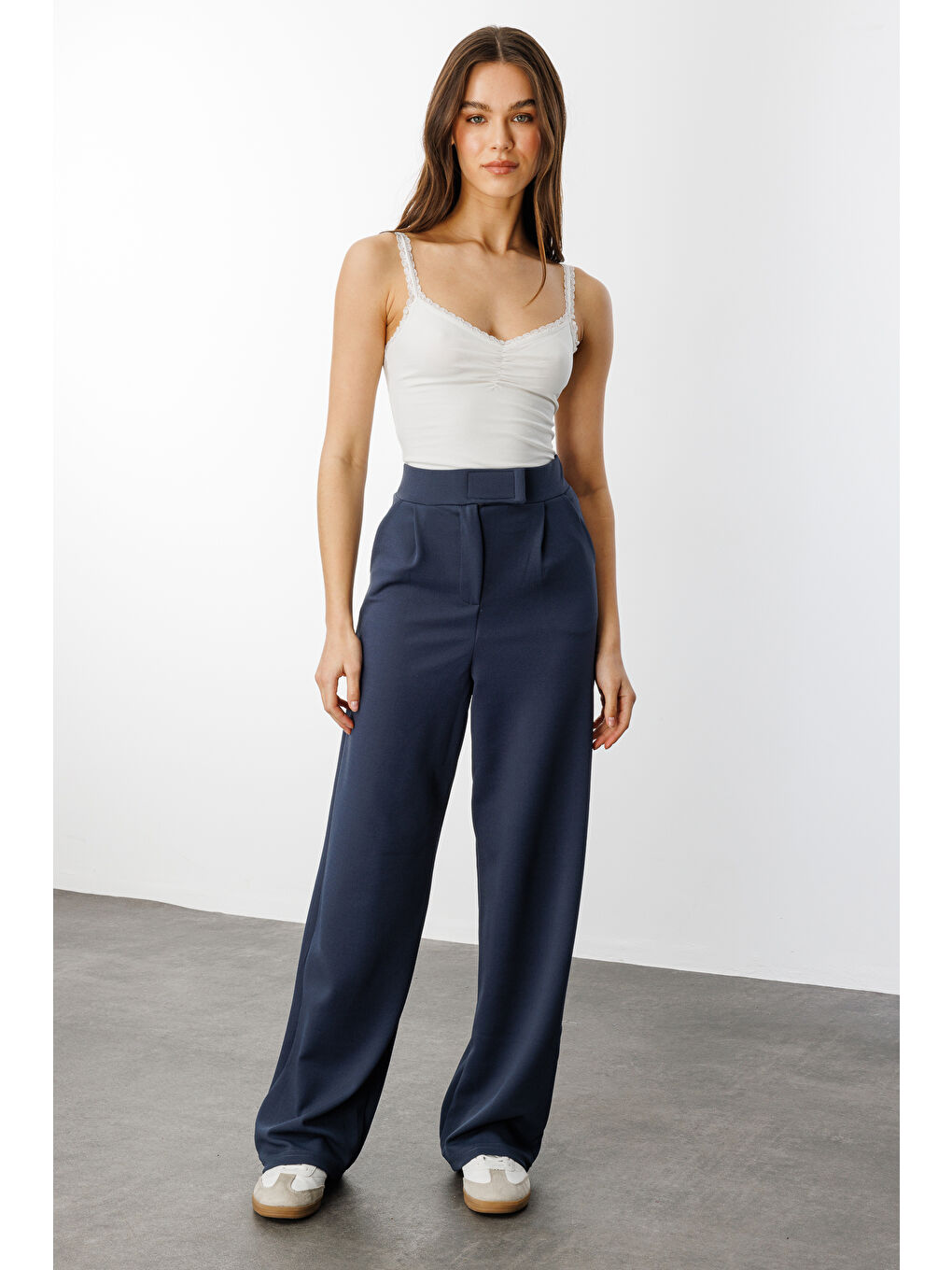 Gri Beli Cırtlı Rahat Palazzo Pantolon CIRTLI-PANTOLON