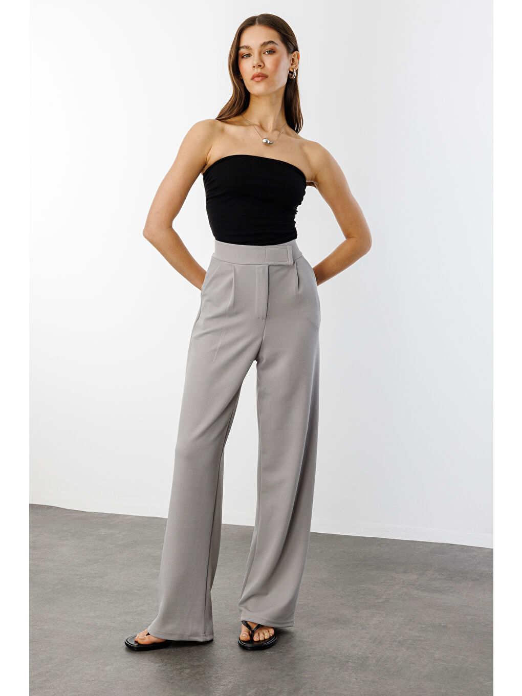 Gri Beli Cırtlı Rahat Palazzo Pantolon CIRTLI-PANTOLON