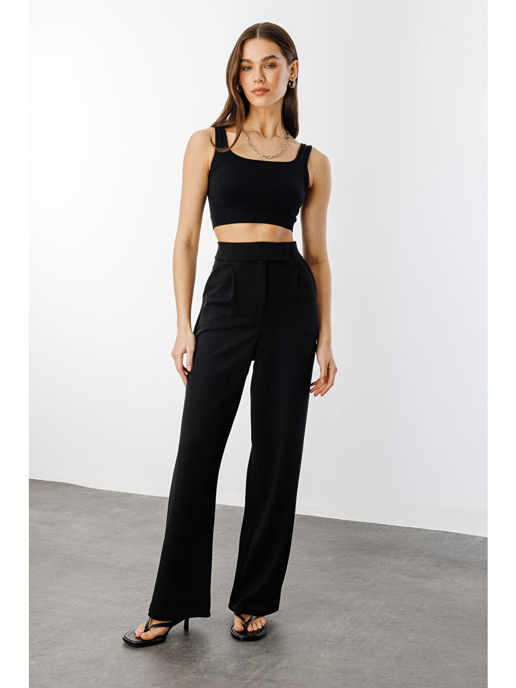 Siyah Beli Cırtlı Rahat Palazzo Pantolon CIRTLI-PANTOLON