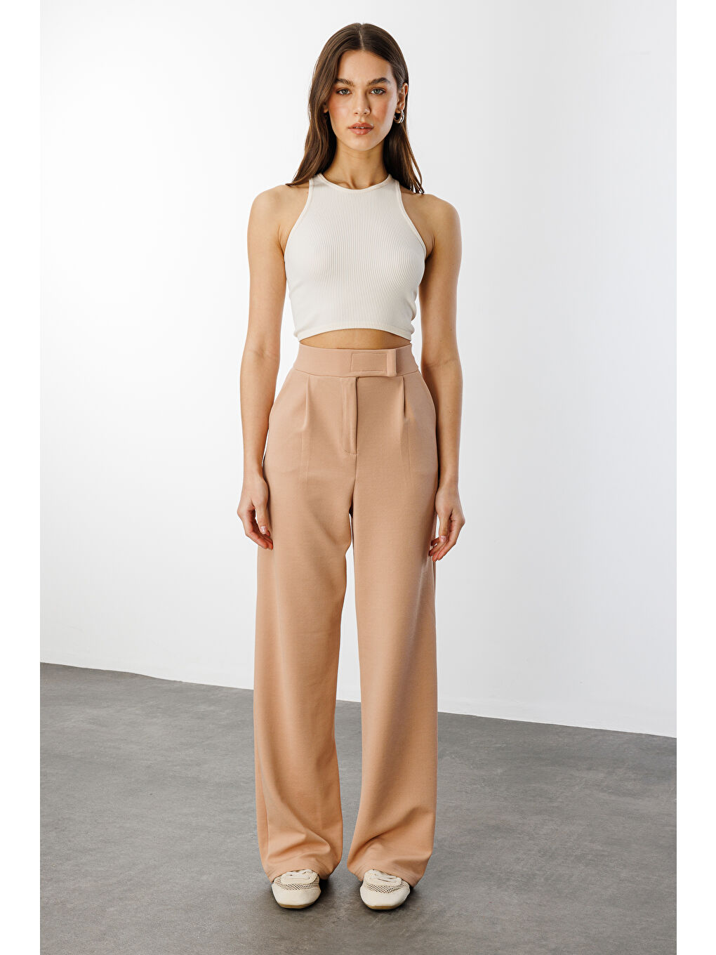 Bej Beli Cırtlı Rahat Palazzo Pantolon CIRTLI-PANTOLON-1