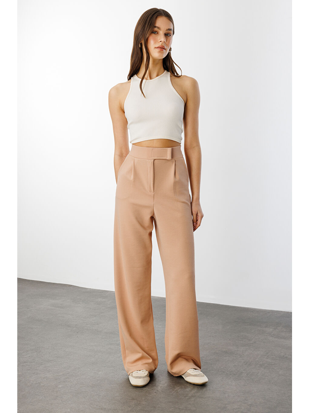 Bej Beli Cırtlı Rahat Palazzo Pantolon CIRTLI-PANTOLON-2