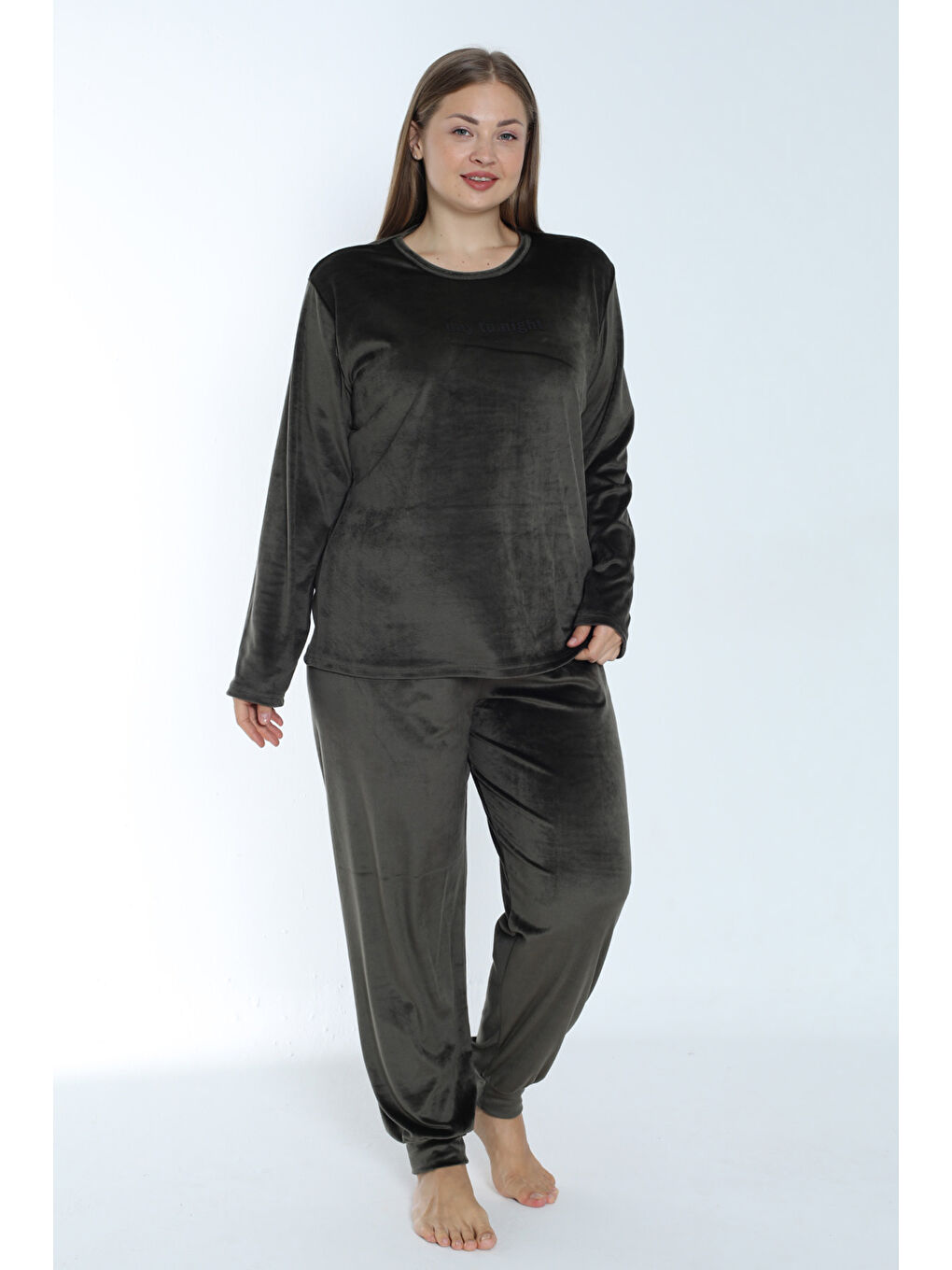 Büyük Beden Kadın Kadife Pijama Takımı 24395 Haki