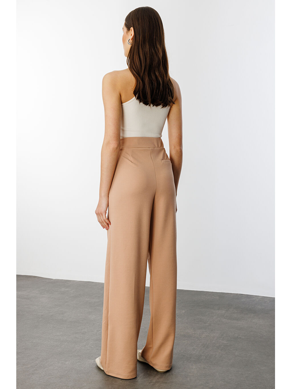 Bej Beli Cırtlı Rahat Palazzo Pantolon CIRTLI-PANTOLON-4