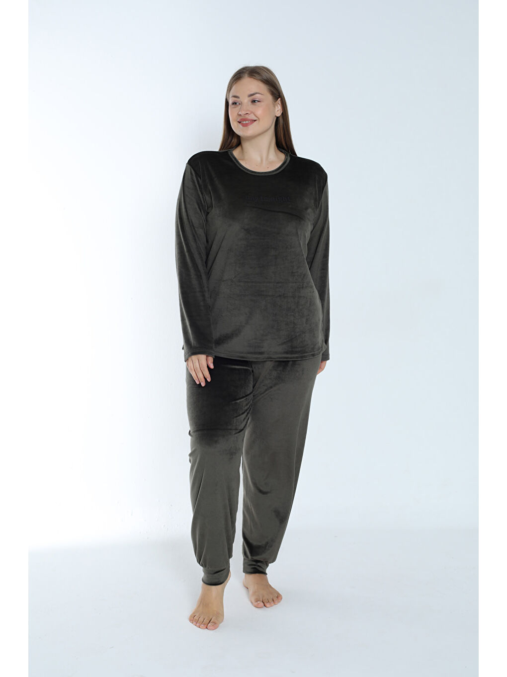 Büyük Beden Kadın Kadife Pijama Takımı 24395 Haki-2