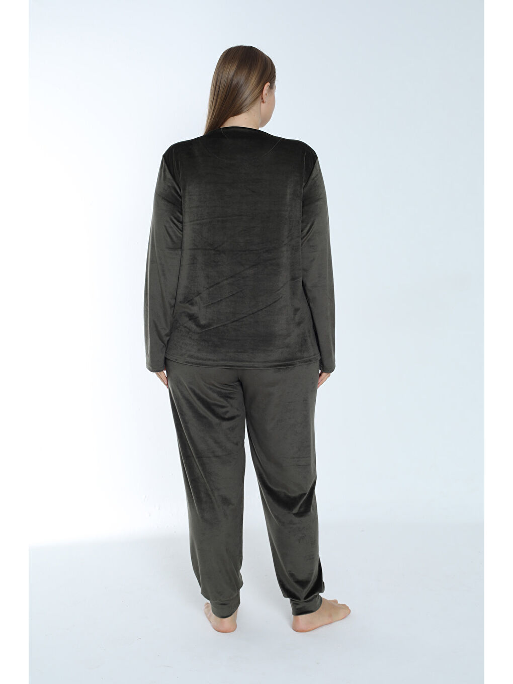 Büyük Beden Kadın Kadife Pijama Takımı 24395 Haki-3