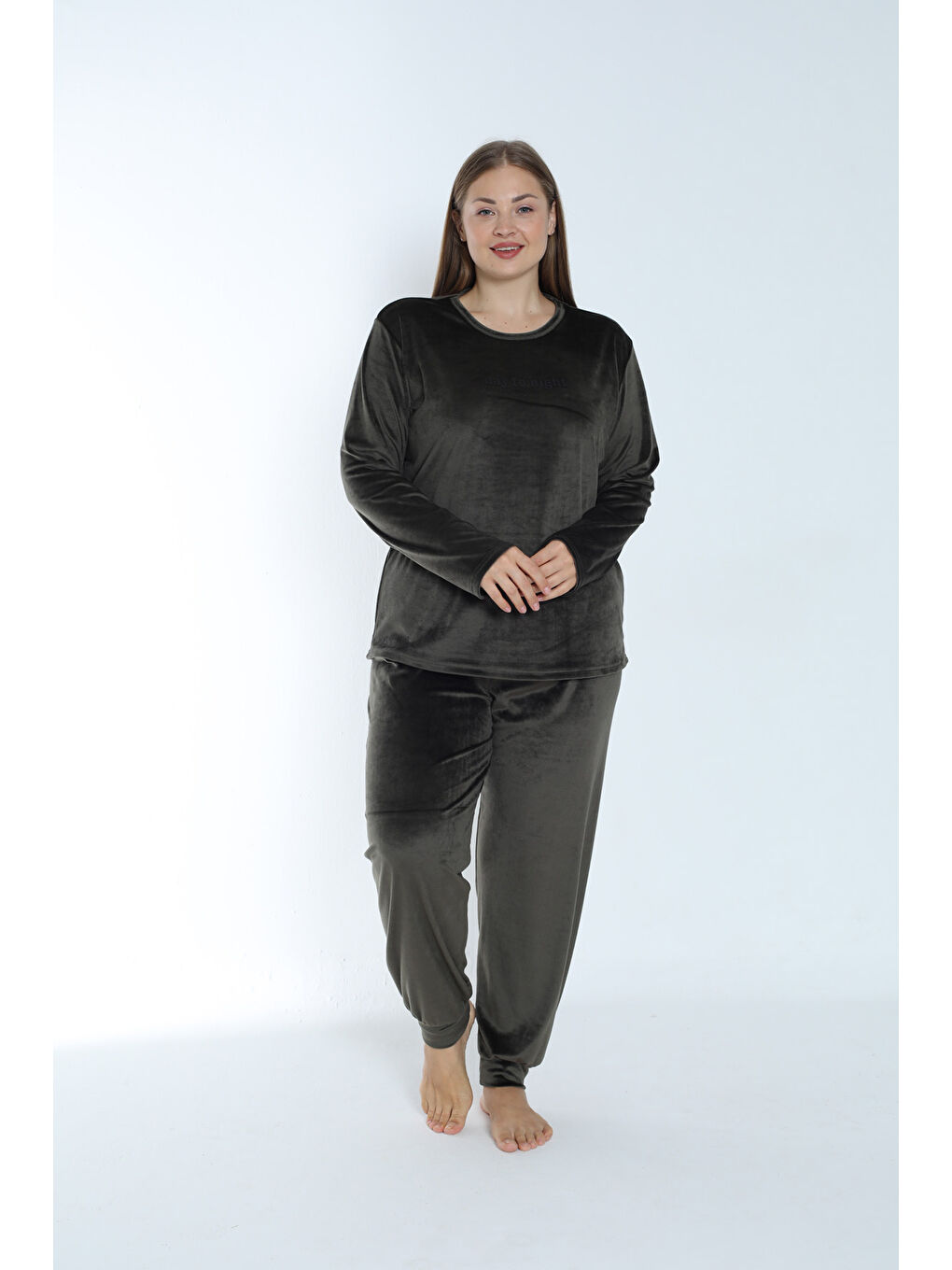 Büyük Beden Kadın Kadife Pijama Takımı 24395 Haki-4