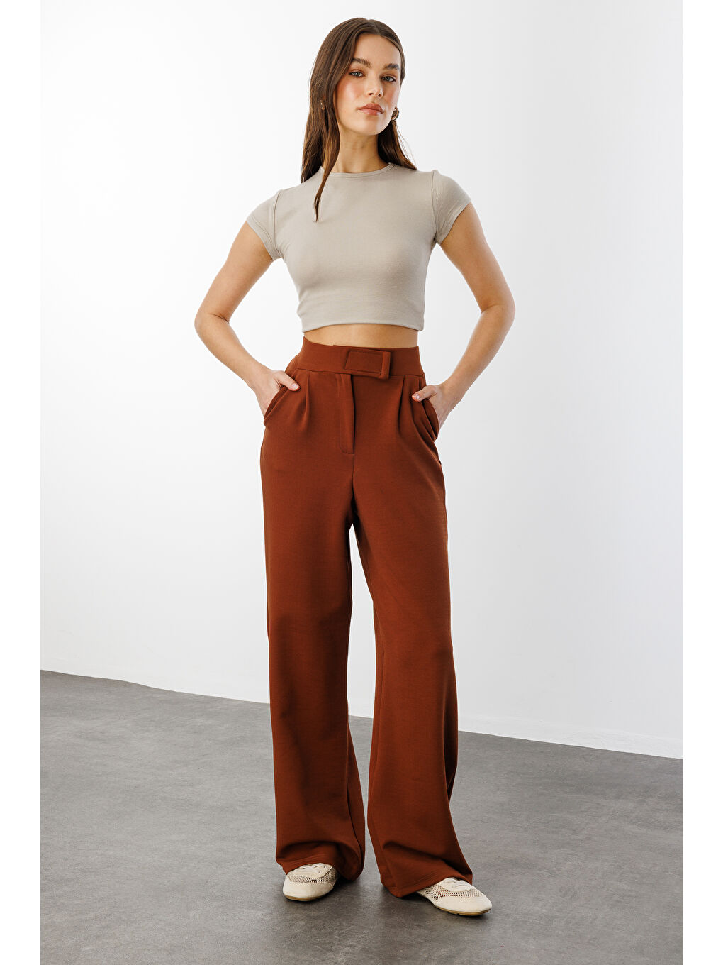 Kahverengi Beli Cırtlı Rahat Palazzo Pantolon CIRTLI-PANTOLON-2