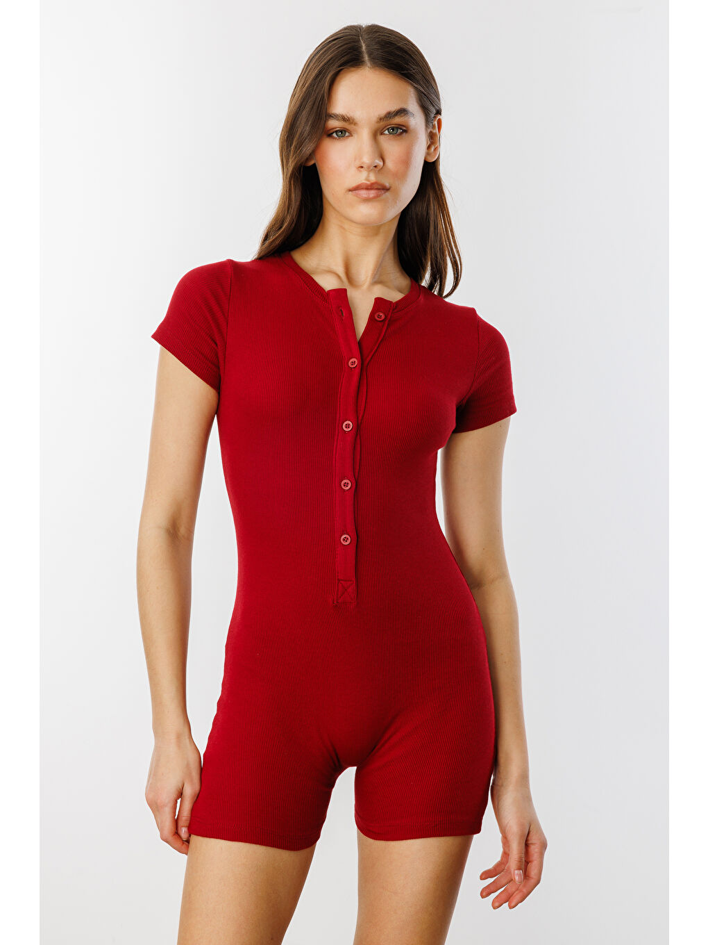 Bordo Fitilli Kısa Kollu Kısa Tulum Short Romper KISAKOL-TULUM