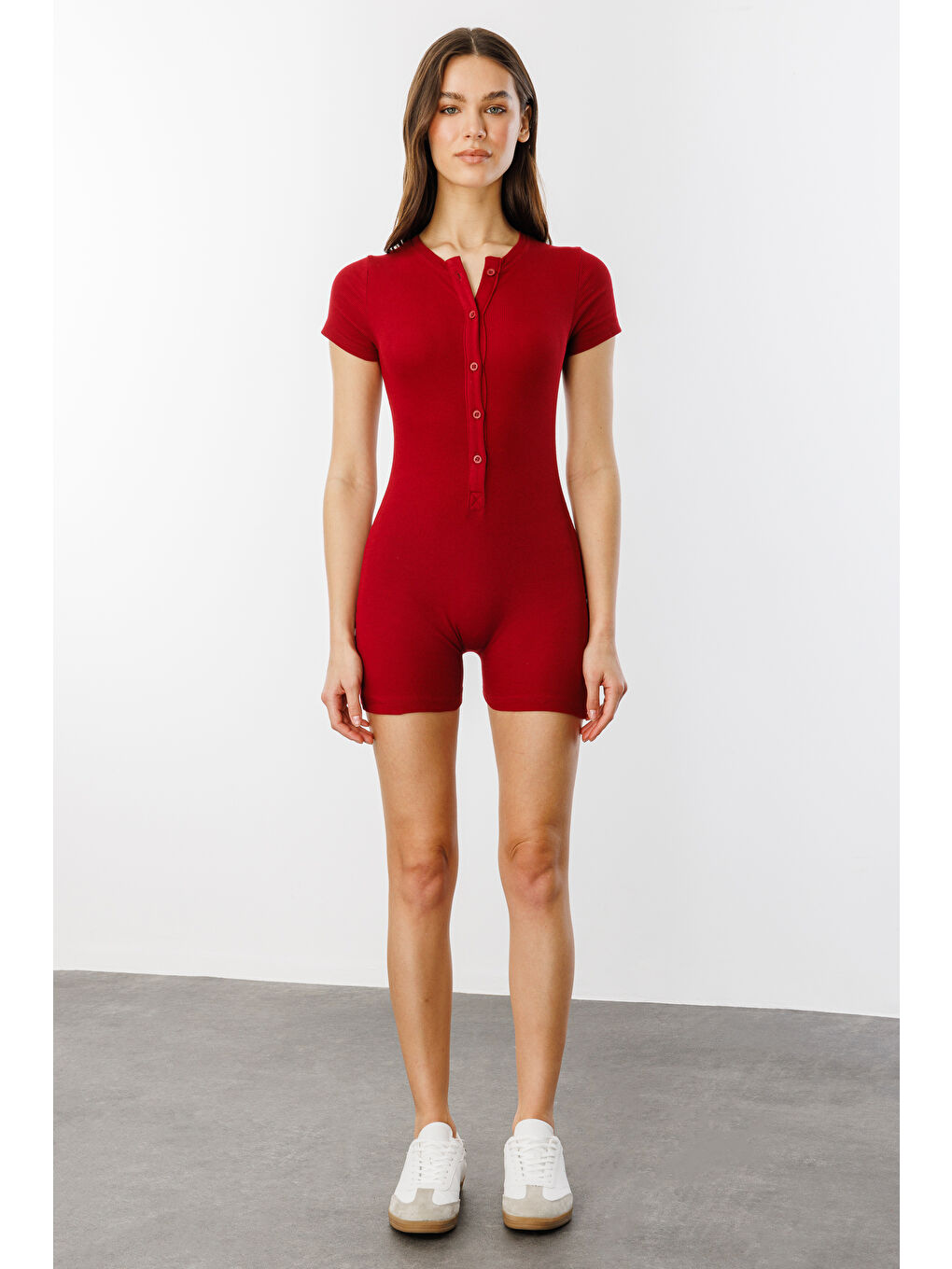 Bordo Fitilli Kısa Kollu Kısa Tulum Short Romper KISAKOL-TULUM-1