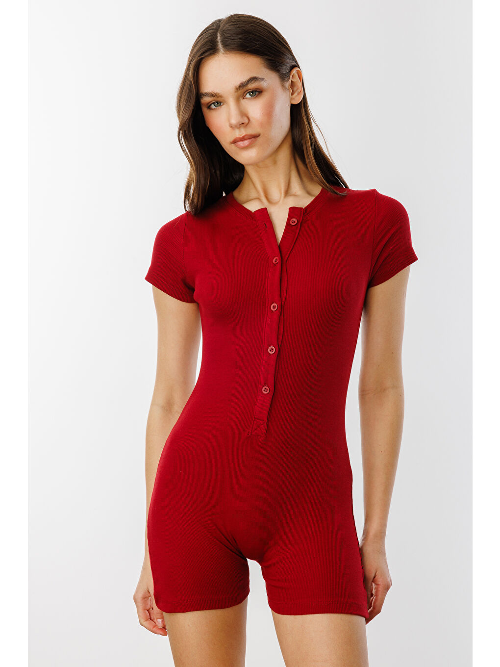 Bordo Fitilli Kısa Kollu Kısa Tulum Short Romper KISAKOL-TULUM-2