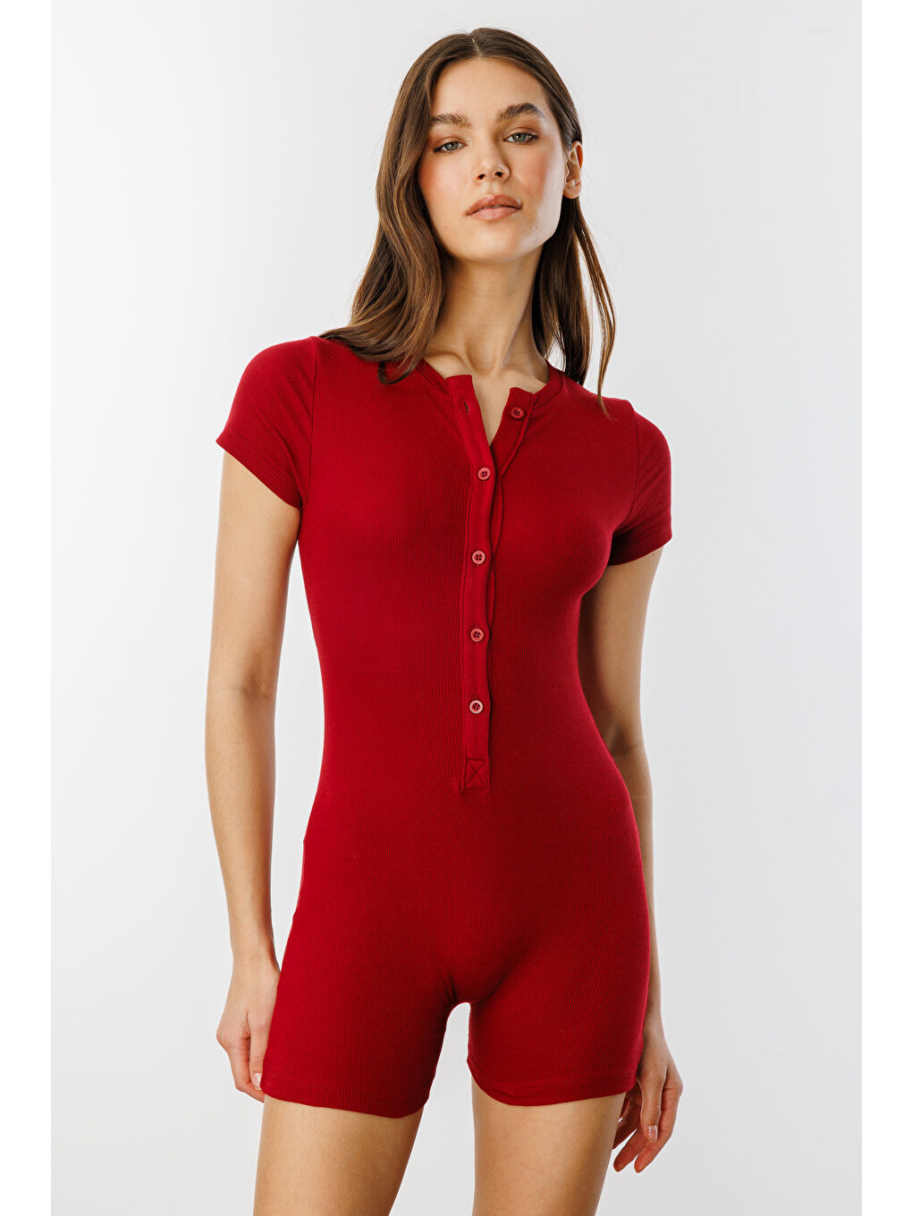 Bordo Fitilli Kısa Kollu Kısa Tulum Short Romper KISAKOL-TULUM-3