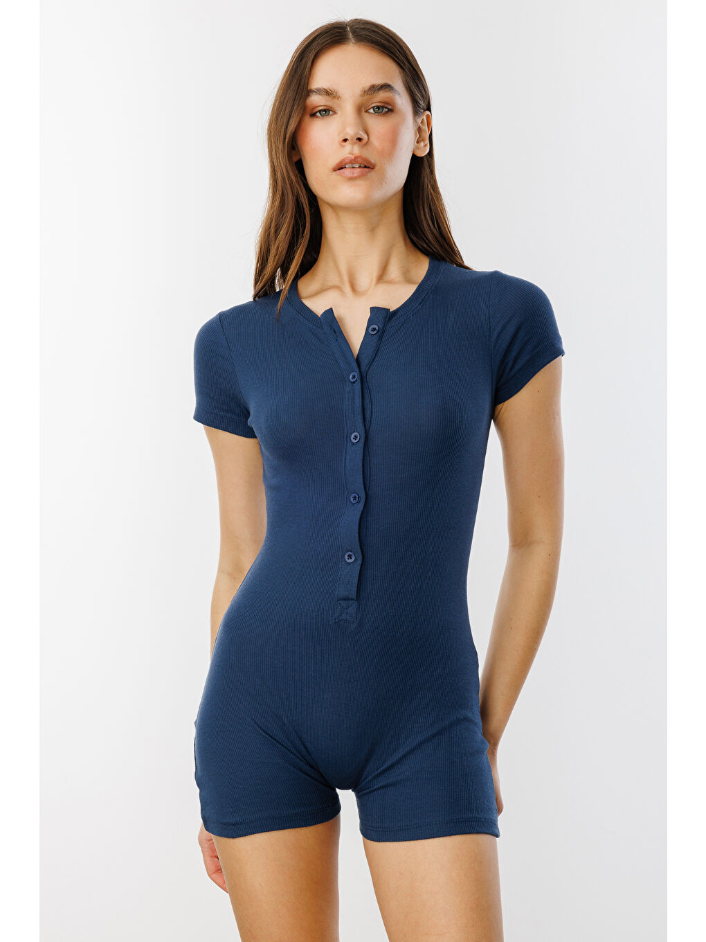 Genius Store Lacivert Fitilli Kısa Kollu Kısa Tulum Short Romper KISAKOL-TULUM