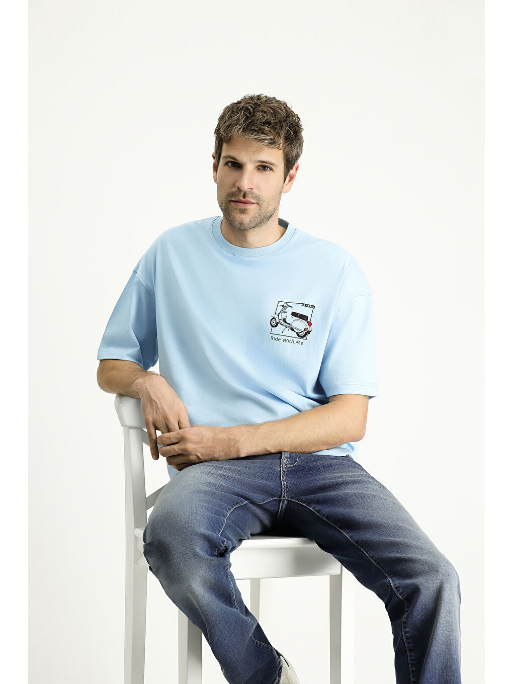 Mavi Bisiklet Yaka Oversize Baskılı Süprem Pamuk Tişört