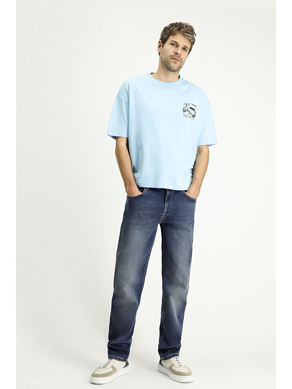 Mavi Bisiklet Yaka Oversize Baskılı Süprem Pamuk Tişört-1