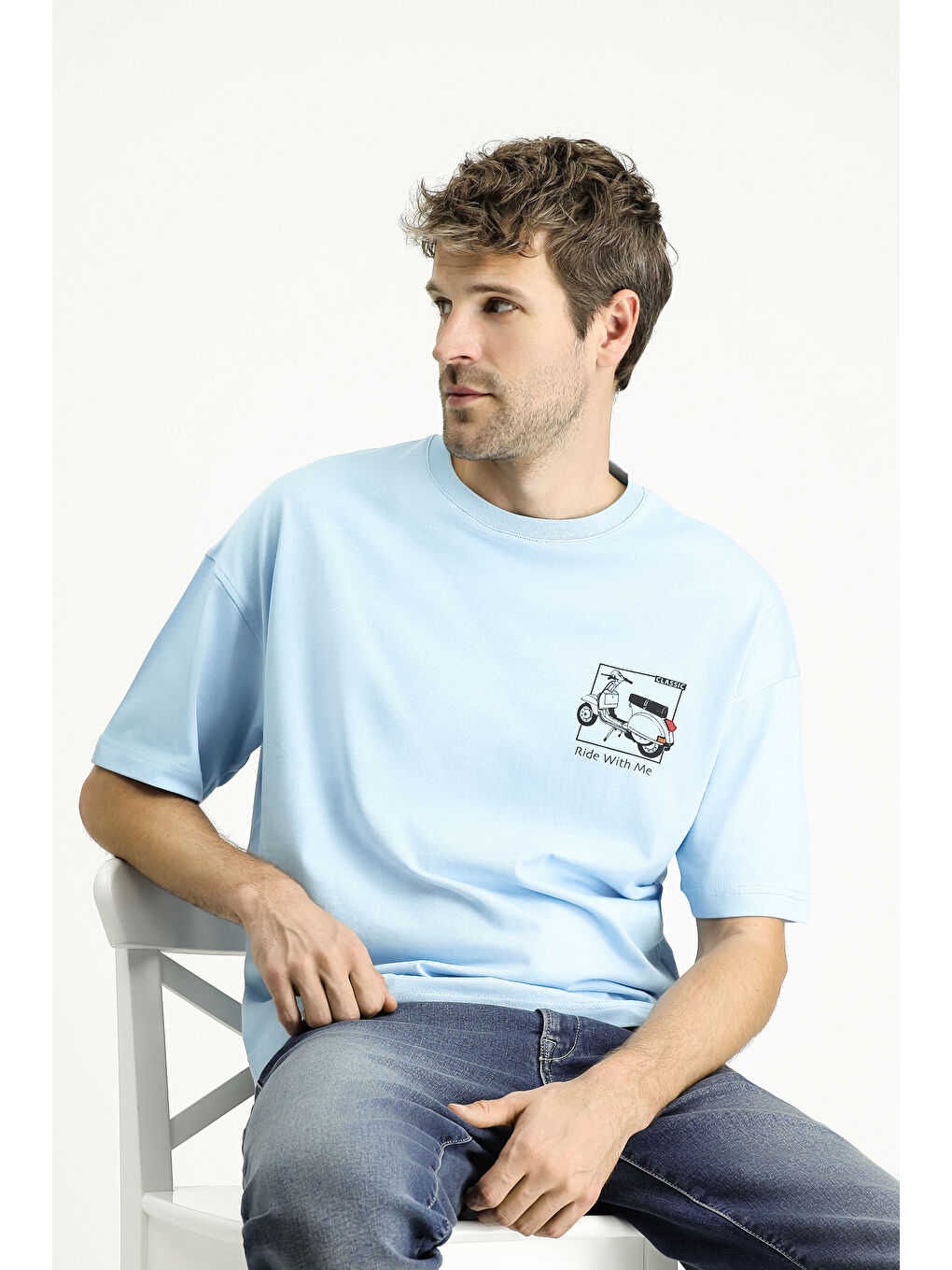 Mavi Bisiklet Yaka Oversize Baskılı Süprem Pamuk Tişört-2
