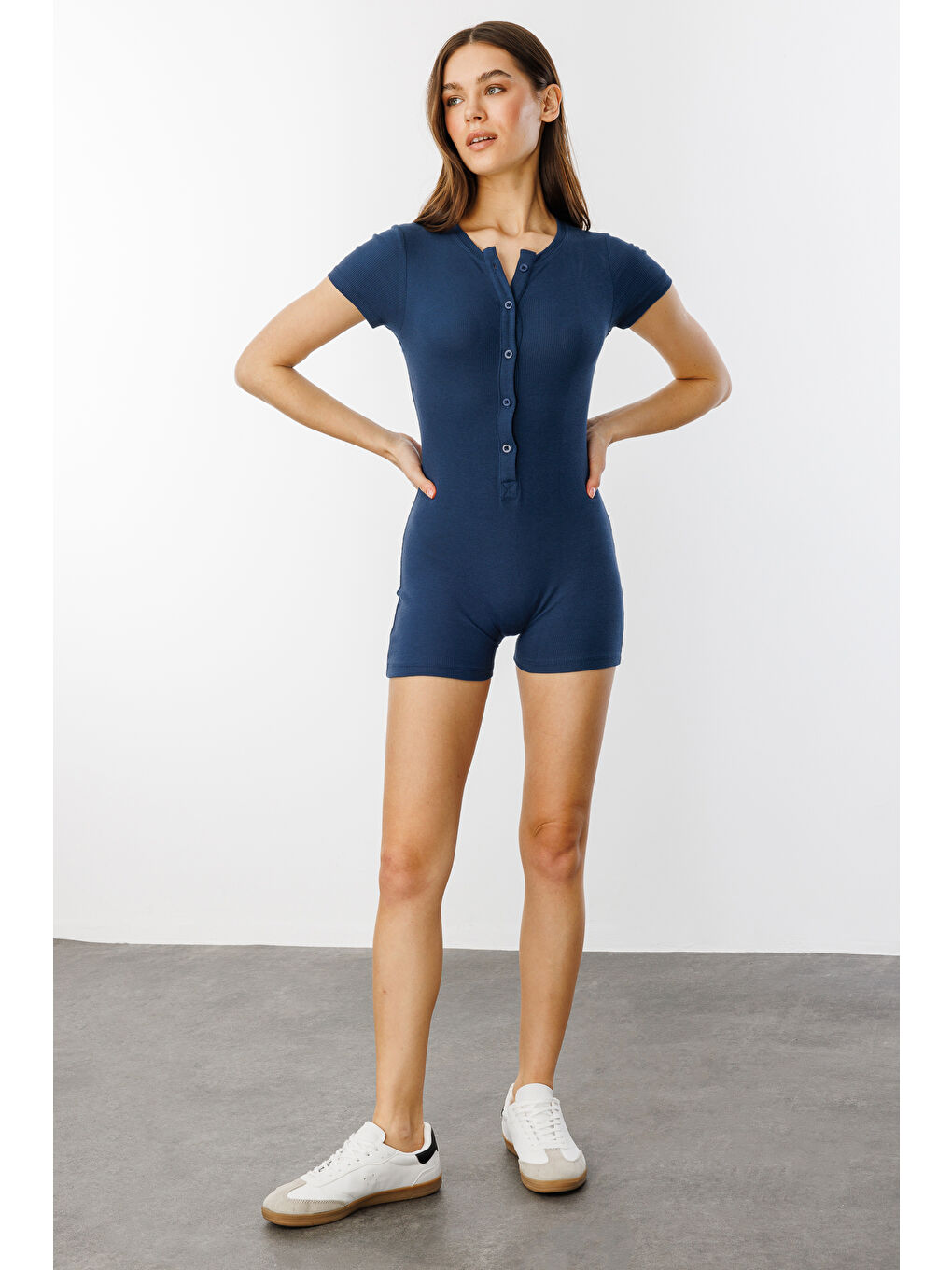 Genius Store Lacivert Fitilli Kısa Kollu Kısa Tulum Short Romper KISAKOL-TULUM - 2