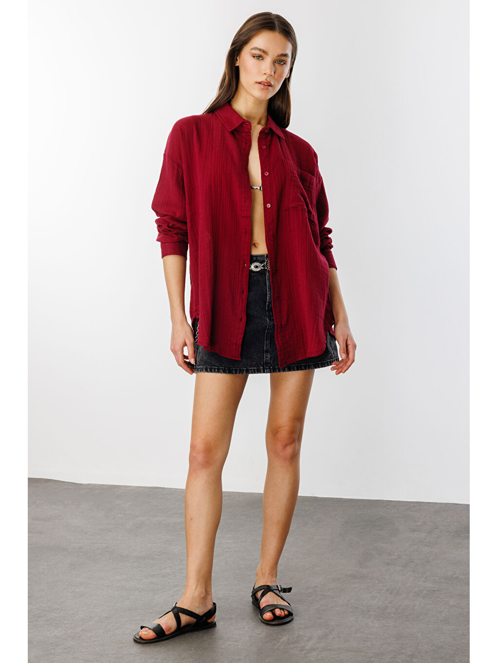 Bordo Oversize Basic Müslin Kadın Gömlek KADIN-MÜSLİN-GÖMLEK-1